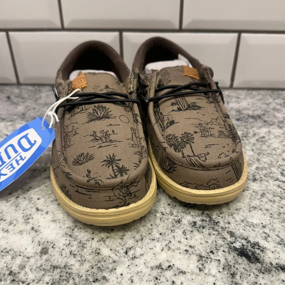 Hey Dude Youth Size 2 Wally Desert Olive Brown Canvas Slip On Loafers 40428-337
